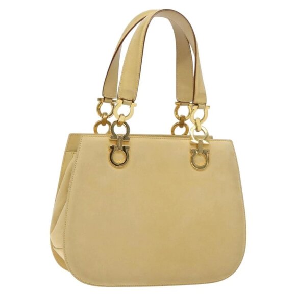 Salvatore Ferragamo Gancini Hand Bag Suede Beige Gold - Picture 1 of 16